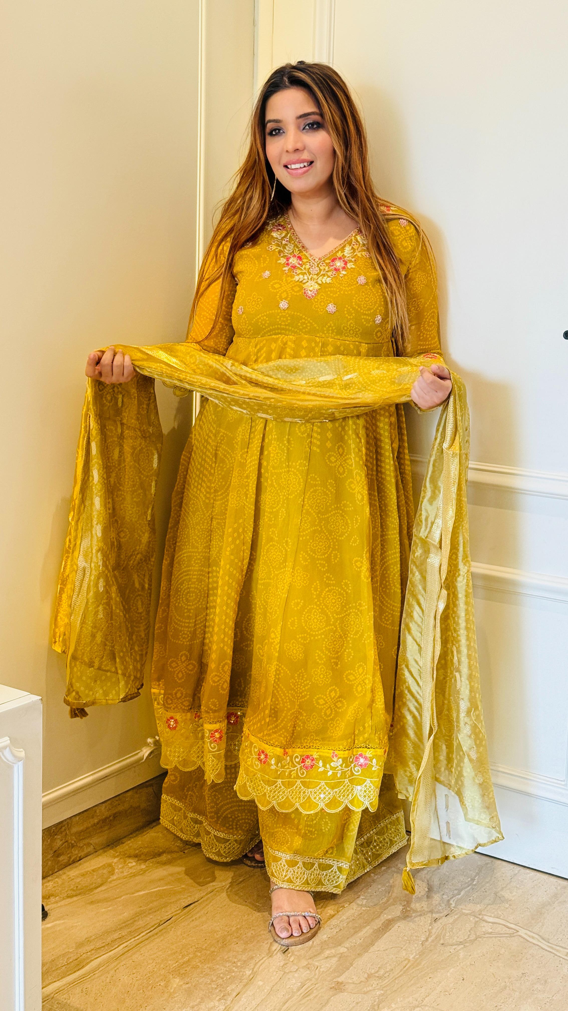 Bandhej Grace Anarkali Set- Yellow